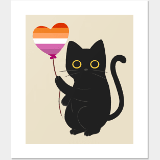 Black Cat Holding Lesbian Heart Balloon Posters and Art